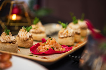 Kegs with salmon fish and cream sauce. Tasty restaurant dish