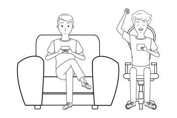young men cartoon in black and white