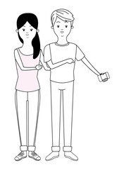 Millennial couple cartoon in black and white