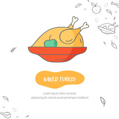 Line style icon of a baked turkey. Hand drawn modern nutrition concept. Food bunner template