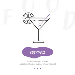 Line style icon of a cocktails. Hand drawn modern nutrition concept. Food bunner template