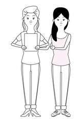 beautiful young women cartoon in black and white