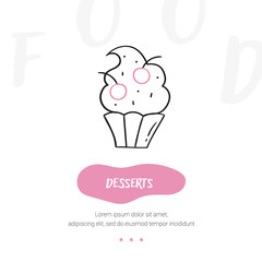 Line style icon of a desserts. Hand drawn modern nutrition concept. Food bunner template