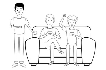young men cartoon in black and white
