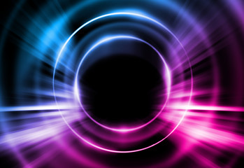 Dark abstract futuristic background. Neon lines and shapes. Neon glow and rays on a dark background