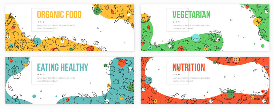 Banners collection with icons of organic food. Hand drawn modern nutrition concept. Food banner template