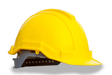 Fototapeta premium Yellow hard safety wear helmet hat in the project on white background