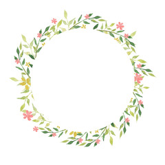 Delicate watercolor wreath of spring leaves and flowers. Hand drawn floral watercolor background.	