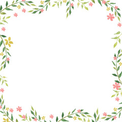 Delicate watercolor frame of spring leaves and flowers. Hand drawn floral watercolor background.