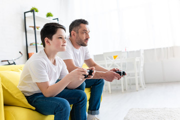 father and son playing Video Game on couch in Living Room with copy space