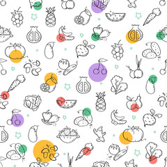 Line style fruit and vegetables pattern. Doodle seamless background. The modern and light pattern is ideal for promotional products, textiles, websites, identity, menu, packaging and more