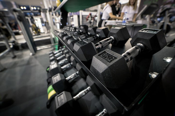 Fototapeta na wymiar 6 kilogram training one hand weight placed on shelf in gym