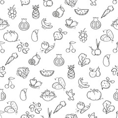 Line style fruits and vegetables pattern. Doodle seamless background. The modern and light pattern is ideal for promotional products, textiles, websites, identity, menu, packaging and more