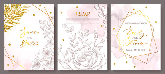 Wedding invitation cards with watercolor texture,hand-drawn flowers and plants,geometric shapes and Golden sequins.Vector illustration.
