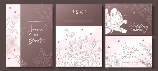 Fototapeta na wymiar Wedding invitation cards with watercolor texture,hand-drawn flowers and plants,geometric shapes and sequins.Vector illustration.