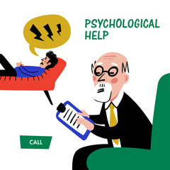 Psychology. Psychological help web banner. Doctor and patient, a man lying on sofa and talking to therapist. Naive style flat vector illustration.