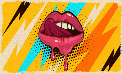 Rosa, rote Lippen, Mund- und Zungenikone auf buntem Hintergrund der Retro- Weinlese der Pop-Art. Trendige und modische Farbillustration, die für Ihr Design von Poster und Banner leicht bearbeitet werden kann.