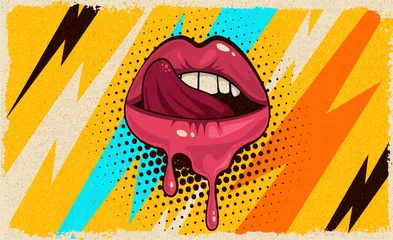 Wall murals Best sellers Collections Pink, red lips, mouth and tongue  icon on pop art retro vintage colorful background. Trendy and fashion color illustration easy editable for Your design of poster and banner. 