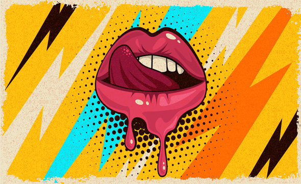 Naklejka Pink, red lips, mouth and tongue  icon on pop art retro vintage colorful background. Trendy and fashion color illustration easy editable for Your design of poster and banner. 