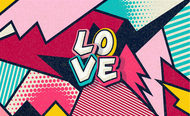 Love! Pop art funny comic word. Fashionable poster and banner. Social Media Connecting Blog Communication Content. Trendy and fashion color retro vintage illustration background. Vector easy editable 