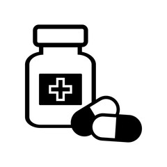 Fototapeta premium Medicine bottle and pills. Black and white icon. Vector illustration