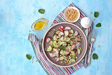 Light salad of crispy radish, cucumber and mint leaves with citrus dressing on a brown plate. Sprinkled with pine nuts. Top view.