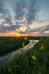 Beautiful sky and clouds at sunset along a creek in Holland with rapeseed in the foreground