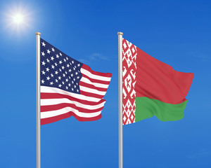 United States of America vs Belorussia. Thick colored silky flags of America and Belorussia. 3D illustration on sky background. - Illustration