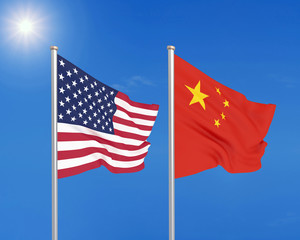 United States of America vs China. Thick colored silky flags of America and China. 3D illustration on sky background. - Illustration