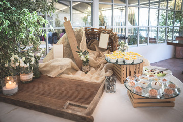 Dishes with appetizers in a rustic setting
