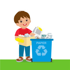 Young Boy Throwing Paper In Recycle Bin. Waste Recycling. Environmental Protection. Eco Friendly, Concept Vector Illustration.