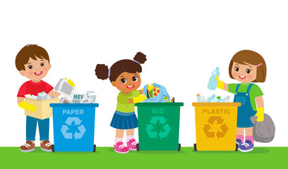 Kids Collect Garbage For Recycling. Save The World. Boy And Girl Separation Recycling Bin With Organic, Paper, Plastic Vector Illustration Set.