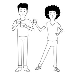 Millennial couple cartoon in black and white