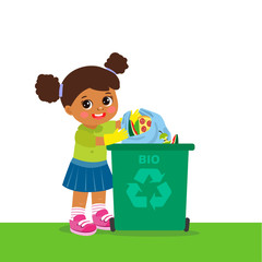 Young Girl Throwing Organic Waste In Recycle Bin. Waste Recycling. Environmental Protection. Eco Friendly, Concept Vector Illustration.