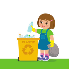 Young Girl Throwing Plastic Bottles In Recycle Bin. Waste Recycling. Environmental Protection. Eco Friendly, Concept Vector Illustration.