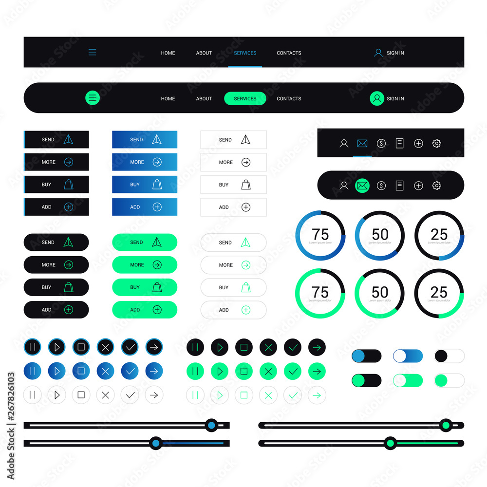 Wall mural modern web elements navigation on black background. web elements with navigation, buttons, icons for