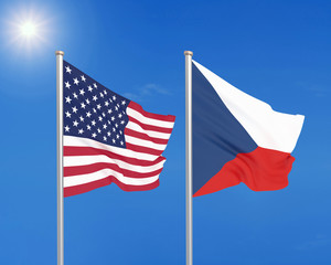 United States of America vs Czech Republic. Thick colored silky flags of America and Czech Republic. 3D illustration on sky background. - Illustration