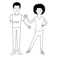 Millennial couple cartoon in black and white