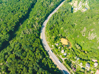 overhead view of highway near village