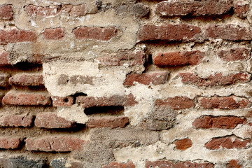 closeup of an old uneven brick wall background texture