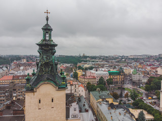 top view of old european architecture in overcast weather