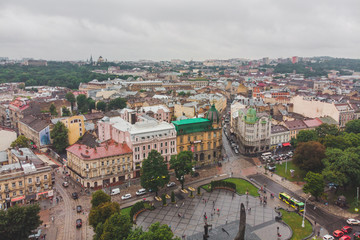 aerial view of old european city with overcast foggy weather