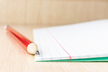 The concept of preparation for school. Slate pencil closeup on notebook sheet in a cage. Background image for training topics, school lessons. Place for text.