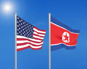 United States of America vs North Korea. Thick colored silky flags of America and North Korea. 3D illustration on sky background. - Illustration