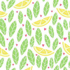 Lemon seamless vector illustration. Packaging design of organic herbal hot drinks. Hand drawn sketch with lemon slices and tea leaves.