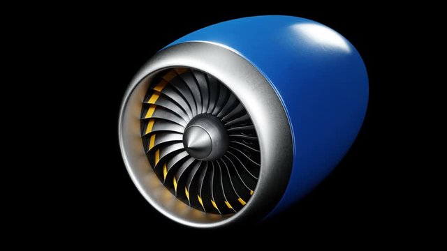 Animation jet engine, close-up view jet engine blades. Jet engine isolated on black background. Animation of rotating blades of the turbojet. Part of the airplane. Loop able, seamless 4k animation