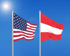 United States of America vs Austria. Thick colored silky flags of America and Austria. 3D illustration on sky background. - Illustration