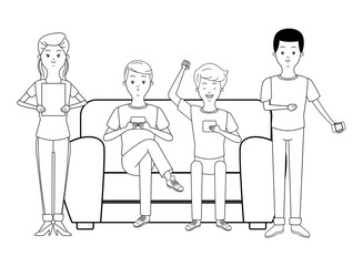 Millennials and smartphones cartoons in black and white