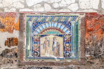 Herculaneum, Campania, Italy - April 21, 2019: The remains of Herculaneum after the eruption of Vesuvius in 79 AD