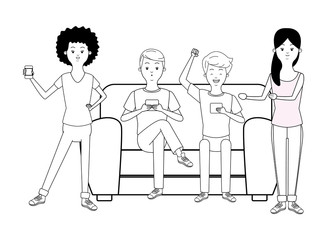 Millennials and smartphones cartoons in black and white